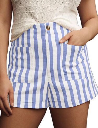 Women Striped Linen High Waisted Wide Leg Summer Casual Button Shorts 2024 Y2k Color Block Boxer Shorts with Pockets in Saudi Arabia