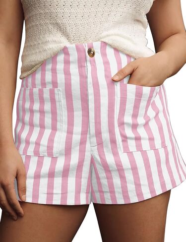 Women Striped Linen High Waisted Wide Leg Summer Casual Button Shorts 2024 Y2k Color Block Boxer Shorts with Pockets in Saudi Arabia