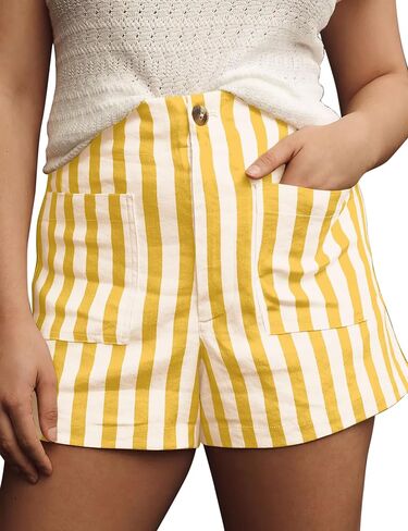 Women Striped Linen High Waisted Wide Leg Summer Casual Button Shorts 2024 Y2k Color Block Boxer Shorts with Pockets in Saudi Arabia