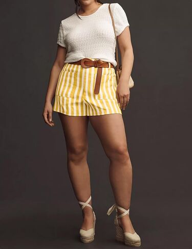 Women Striped Linen High Waisted Wide Leg Summer Casual Button Shorts 2024 Y2k Color Block Boxer Shorts with Pockets in Saudi Arabia