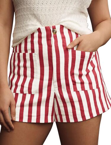 Women Striped Linen High Waisted Wide Leg Summer Casual Button Shorts 2024 Y2k Color Block Boxer Shorts with Pockets in Saudi Arabia