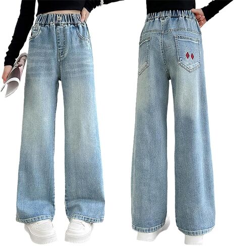 Tween Girls' Baggy Jeans with Embroidered Back Pocket Elastic Waist Loose Trousers Wide Leg Denim Pants in Saudi Arabia