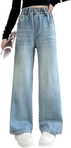 Tween Girls' Baggy Jeans with Embroidered Back Pocket Elastic Waist Loose Trousers Wide Leg Denim Pants in Saudi Arabia