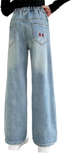 Tween Girls' Baggy Jeans with Embroidered Back Pocket Elastic Waist Loose Trousers Wide Leg Denim Pants in Saudi Arabia
