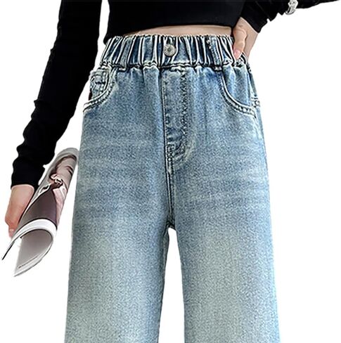 Tween Girls' Baggy Jeans with Embroidered Back Pocket Elastic Waist Loose Trousers Wide Leg Denim Pants in Saudi Arabia