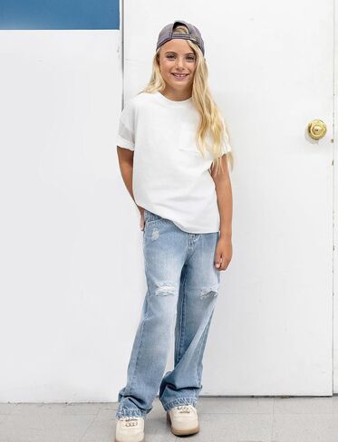 PATPAT Girls Wide Leg Jeans Size 4-14 Years Elastic Waist Ultra Stretch Baggy Jeans with Pockets in Saudi Arabia
