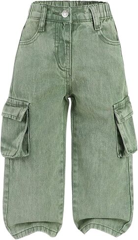 Wdirara Toddler Girl's Bargy Cargo Jeans مرنة الخصر مستقيم الساق جينز مع جيوب رفرف in Saudi Arabia