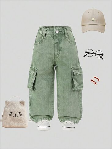 Wdirara Toddler Girl's Bargy Cargo Jeans مرنة الخصر مستقيم الساق جينز مع جيوب رفرف in Saudi Arabia