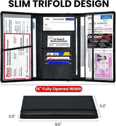LINTRU Trifold Car Registration and Insurance Holder, Fits in Glovebox, Durable Design for Long-Term Use, Wipe-Clean PU Leather, Multi-Pocket Storage, Ideal Car Accessories for Men & Women, Gift-Ready in Kuwait