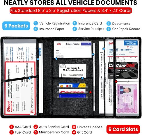 LINTRU Trifold Car Registration and Insurance Holder, Fits in Glovebox, Durable Design for Long-Term Use, Wipe-Clean PU Leather, Multi-Pocket Storage, Ideal Car Accessories for Men & Women, Gift-Ready in Kuwait