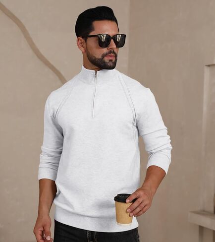 Mens Fashion Knit Pullover Sweater Quarter Zip Long Sleeve Mock Neck Ribbed Sweater in Saudi Arabia