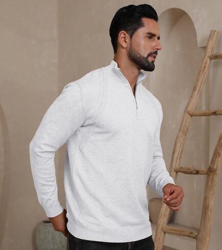Mens Fashion Knit Pullover Sweater Quarter Zip Long Sleeve Mock Neck Ribbed Sweater in Saudi Arabia