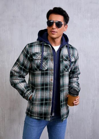 KOMANA Men's Zip Button Sherpa Plaid Flannel Shirt Jacket with Hood in Saudi Arabia