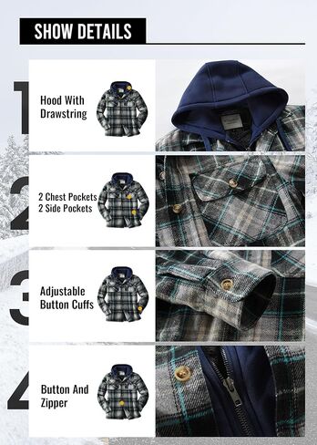 KOMANA Men's Zip Button Sherpa Plaid Flannel Shirt Jacket with Hood in Saudi Arabia