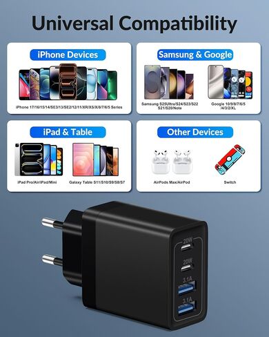 USINFLY European Travel Plug Adapter, 40W 4-Port USB C Wall Charger Plug Type C Fast Charging Block International Power Adaptor US to Europe EU for iPhone 15 14 13 12 11 Pro Max XS X 8, iPad, Samsung in Kuwait