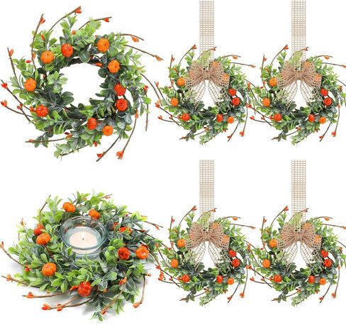 Hotop 6 Pcs Fall Candle Rings Artificial Candle Rings Wreaths Decorative Fall Candle Wreaths Autumn Rattan Garland for Candlestick for Thanksgiving Halloween Wedding Parties Decor (Pumpkin Lavender) in Saudi Arabia
