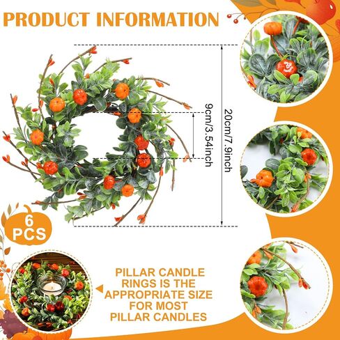 Hotop 6 Pcs Fall Candle Rings Artificial Candle Rings Wreaths Decorative Fall Candle Wreaths Autumn Rattan Garland for Candlestick for Thanksgiving Halloween Wedding Parties Decor (Pumpkin Lavender) in Saudi Arabia
