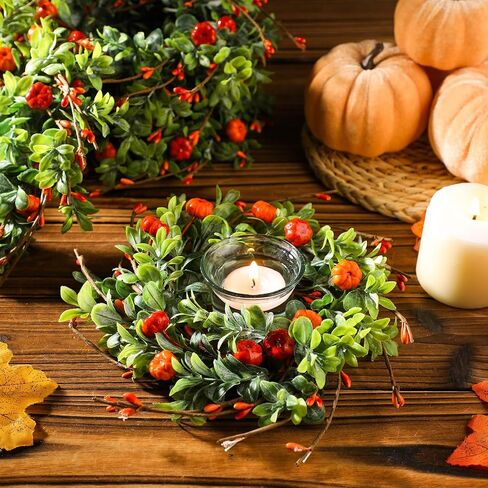 Hotop 6 Pcs Fall Candle Rings Artificial Candle Rings Wreaths Decorative Fall Candle Wreaths Autumn Rattan Garland for Candlestick for Thanksgiving Halloween Wedding Parties Decor (Pumpkin Lavender) in Saudi Arabia