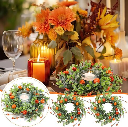 Hotop 6 Pcs Fall Candle Rings Artificial Candle Rings Wreaths Decorative Fall Candle Wreaths Autumn Rattan Garland for Candlestick for Thanksgiving Halloween Wedding Parties Decor (Pumpkin Lavender) in Saudi Arabia