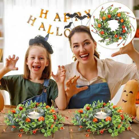 Hotop 6 Pcs Fall Candle Rings Artificial Candle Rings Wreaths Decorative Fall Candle Wreaths Autumn Rattan Garland for Candlestick for Thanksgiving Halloween Wedding Parties Decor (Pumpkin Lavender) in Saudi Arabia