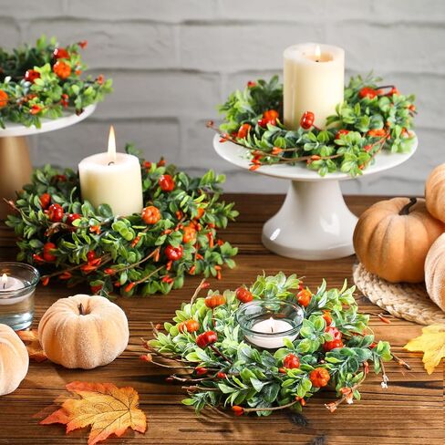 Hotop 6 Pcs Fall Candle Rings Artificial Candle Rings Wreaths Decorative Fall Candle Wreaths Autumn Rattan Garland for Candlestick for Thanksgiving Halloween Wedding Parties Decor (Pumpkin Lavender) in Saudi Arabia
