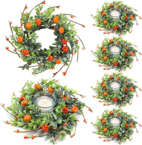 Hotop 6 Pcs Fall Candle Rings Artificial Candle Rings Wreaths Decorative Fall Candle Wreaths Autumn Rattan Garland for Candlestick for Thanksgiving Halloween Wedding Parties Decor (Pumpkin Lavender) in Saudi Arabia
