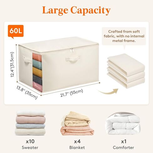 Lifewit Canvas Cotton Comforter Storage Bags with Zipper 4 Pack, 60L Breathable Foldable Clothing Containers, Linen Sweater Organizers Boxes for Clothes, Blankets, Pillows, Duvets, Bedding in Kuwait