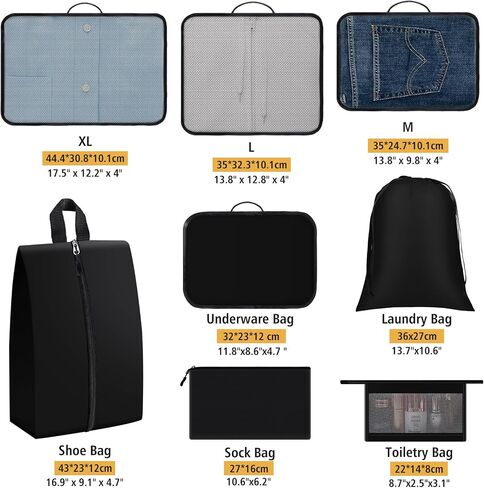 8 Set Packing Cubes for Travel Essentials, Organizers for Suitcase and Luggage in 4 Sizes, Luggage Organizer with Toiletries/Laundry/Shoes/Sock Bags (Grey) in Saudi Arabia