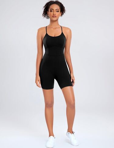 Women's Workout Spaghetti Strap Rompers Shorts Tummy Control One Piece Jumpsuit in Kuwait