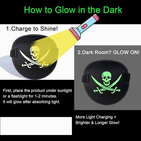 Pirate Eye Patch - 2 Pcs Skull & Crossbones Adjustable Black Eye Patches for Adults, Glow in The Dark Halloween Cosplay & Gifts in Kuwait