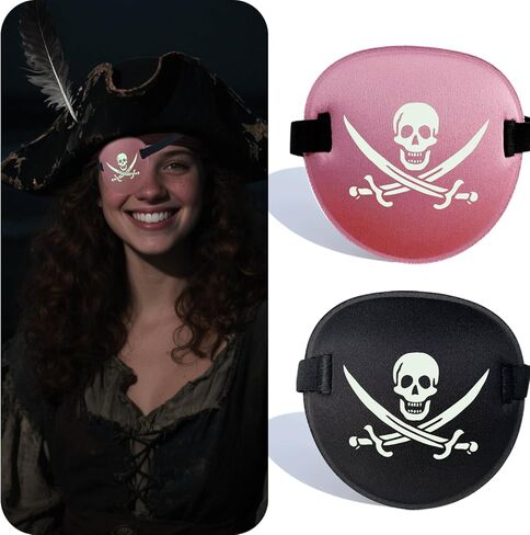 Pirate Eye Patch - 2 Pcs Skull & Crossbones Adjustable Black Eye Patches for Adults, Glow in The Dark Halloween Cosplay & Gifts in Kuwait