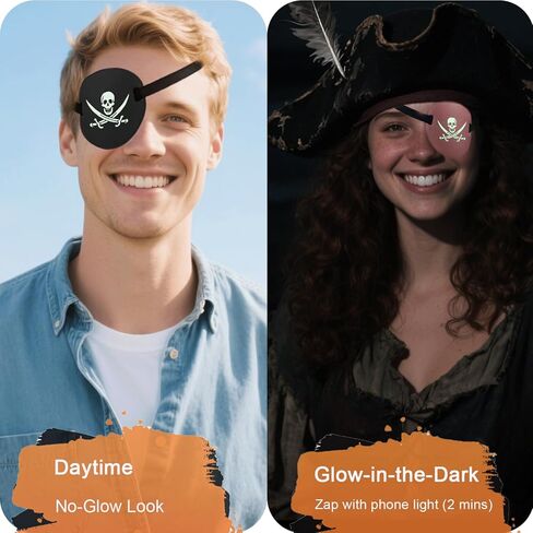 Pirate Eye Patch - 2 Pcs Skull & Crossbones Adjustable Black Eye Patches for Adults, Glow in The Dark Halloween Cosplay & Gifts in Kuwait