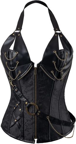 Cosfun Womens Leather Halter Corset Top Steampunk Corsets Bustiers Front Open Breast Zipper Lace-Up Back in Saudi Arabia