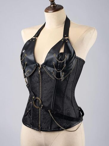 Cosfun Womens Leather Halter Corset Top Steampunk Corsets Bustiers Front Open Breast Zipper Lace-Up Back in Saudi Arabia