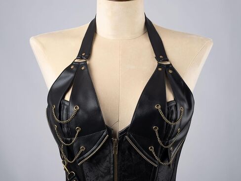 Cosfun Womens Leather Halter Corset Top Steampunk Corsets Bustiers Front Open Breast Zipper Lace-Up Back in Saudi Arabia