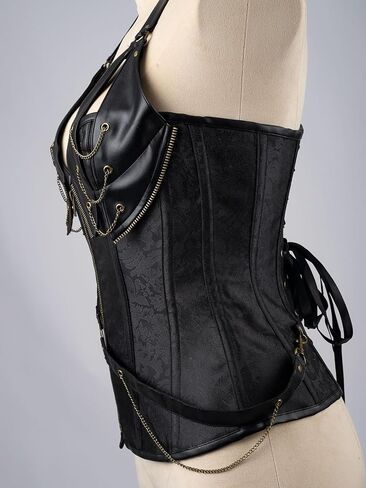 Cosfun Womens Leather Halter Corset Top Steampunk Corsets Bustiers Front Open Breast Zipper Lace-Up Back in Saudi Arabia