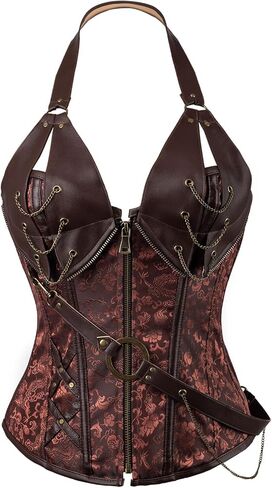Cosfun Womens Leather Halter Corset Top Steampunk Corsets Bustiers Front Open Breast Zipper Lace-Up Back in Saudi Arabia
