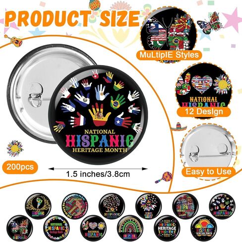200/400 Pcs Hispanic Heritage Month Buttons Pins Bulk Spanish Heritage Month Buttons Badges 1.5'' Mini Round Brooches Pins for Hispanic Gift Decorations in Saudi Arabia