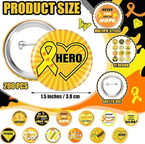 QUELAY 200 PCS أزرار التوعية بسرطان الطفولة بالجملة 1.5 في دبابيس الشريط الصفراء أزرار التوعية بالسرطان الملهمة لمكافحة دبوس الشريط المصنوع in Saudi Arabia