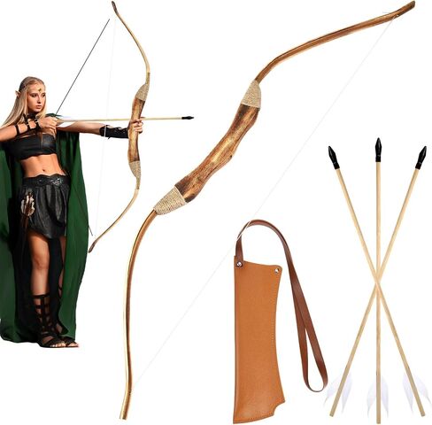 Wooden Bow and Arrow Set Leather Quiver 40 Inch Medieval Wooden Bow and Arrow Halloween Cosplay Costume Prop in Saudi Arabia