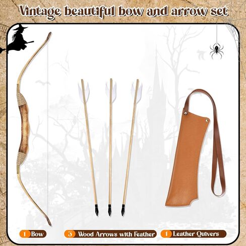 Wooden Bow and Arrow Set Leather Quiver 40 Inch Medieval Wooden Bow and Arrow Halloween Cosplay Costume Prop in Saudi Arabia