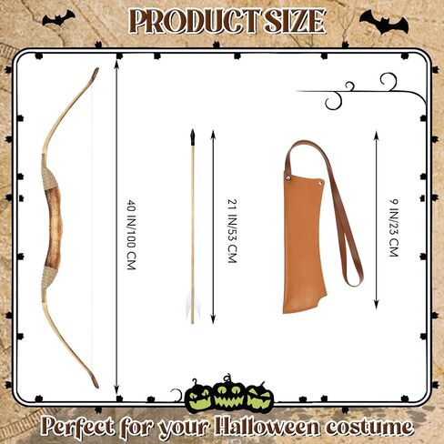 Wooden Bow and Arrow Set Leather Quiver 40 Inch Medieval Wooden Bow and Arrow Halloween Cosplay Costume Prop in Saudi Arabia