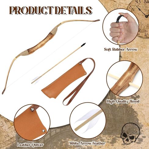 Wooden Bow and Arrow Set Leather Quiver 40 Inch Medieval Wooden Bow and Arrow Halloween Cosplay Costume Prop in Saudi Arabia