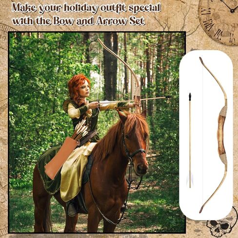 Wooden Bow and Arrow Set Leather Quiver 40 Inch Medieval Wooden Bow and Arrow Halloween Cosplay Costume Prop in Saudi Arabia