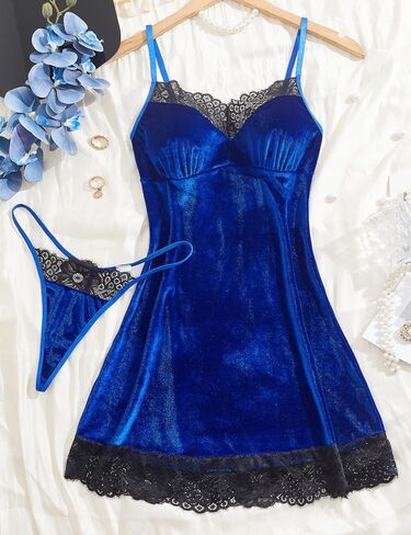Sexy Lingerie Set for Women with G-String Thong Nightgown Dress V-Neck Lace Trim Velvet Sleepwear Club Outfits Party in Kuwait