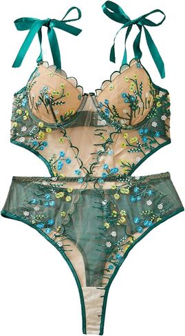 SOLY HUX Women's Floral Mesh Cut Out Teddy Lingerie Tie Shoulder Sexy Babydoll Bodysuit Nightwear in Saudi Arabia