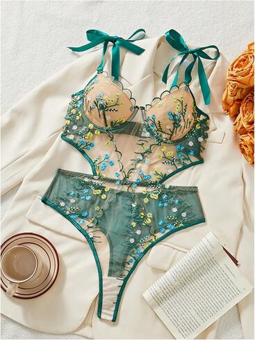 SOLY HUX Women's Floral Mesh Cut Out Teddy Lingerie Tie Shoulder Sexy Babydoll Bodysuit Nightwear in Saudi Arabia
