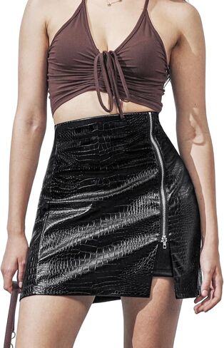 Women's Leather Mini Skirt Stretchy High Waisted Zipper Slit Faux Pleather Bodycon Short Pencil Skirt in Saudi Arabia