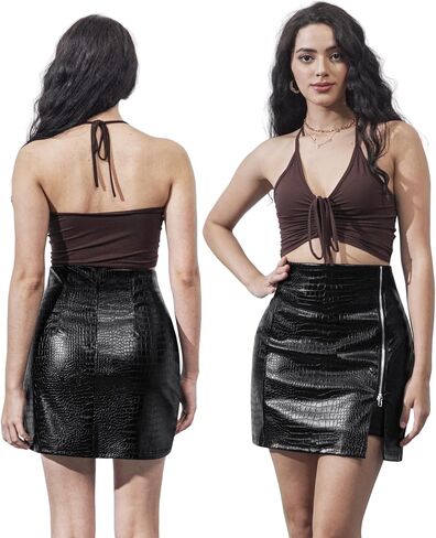 Women's Leather Mini Skirt Stretchy High Waisted Zipper Slit Faux Pleather Bodycon Short Pencil Skirt in Saudi Arabia