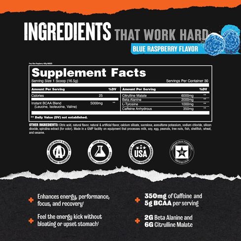 Animal Fury - Pre Workout Powder Supplement for Energy and Focus - 5g BCAA, 350mg Caffeine Nitric Oxide Without Creatine - Powerful Stimulant for Bodybuilders - Blue Raspberry in Saudi Arabia